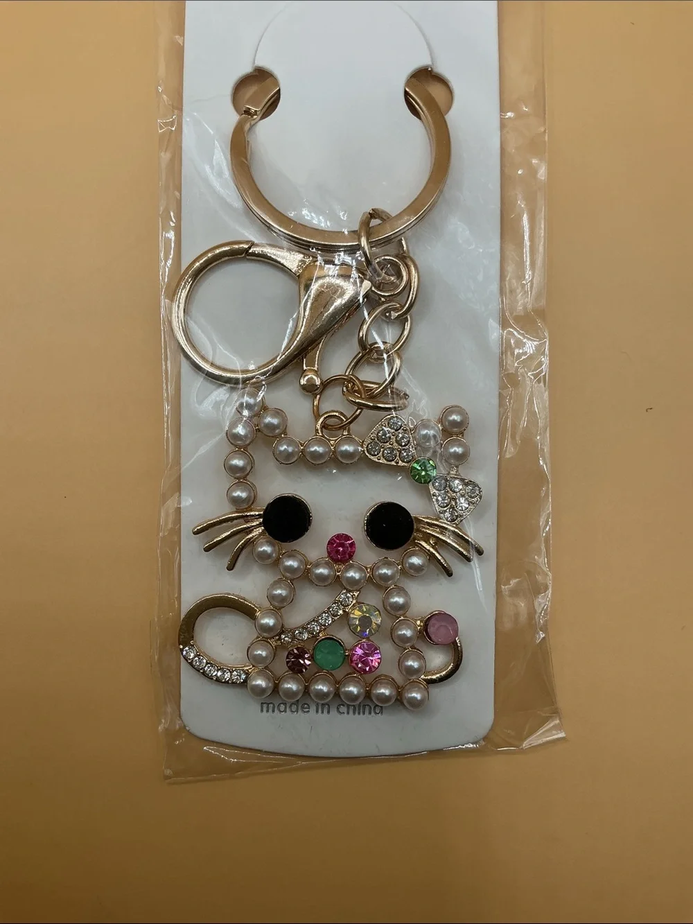 Kitty Cat Sparkly Rhinestone-Faux Pearl Keychain/Bag Charm